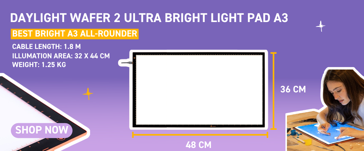 Product banner for the Daylight Wafer 2 Ultra Bright Light Pad A3, showing the pad with dimensions 48 x 36 cm, specs including 1.8 m cable, 32 x 44 cm illumination area, and 1.25 kg weight, with a woman drawing on a light pad in the corner and a Shop Now button.
