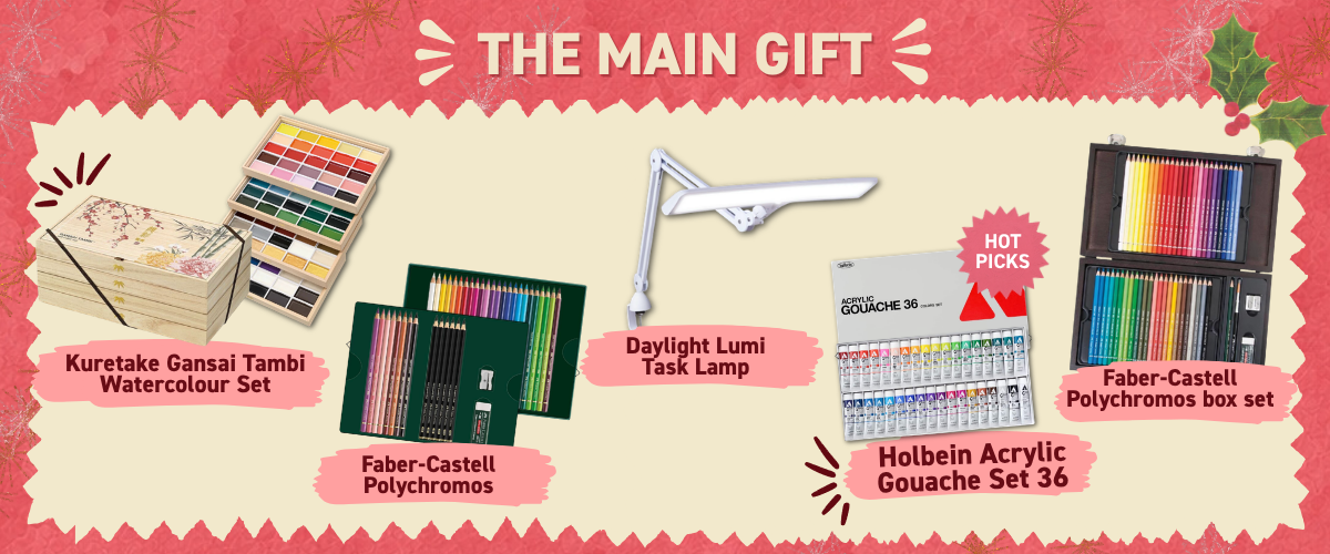 Big Christmas gifts for teen artists including Kuretake Gansai Tambi 100 colour set, Faber-Castell Polychromos, Holbein gouache and Daylight Lumi lamp