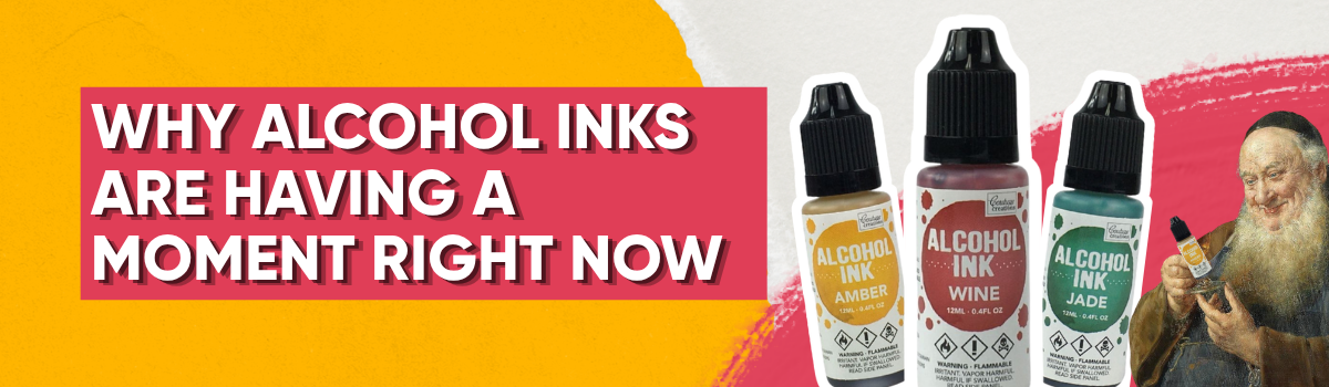 Alcohol ink art supplies banner featuring colourful Couture Creations alcohol inks and fluid art effects