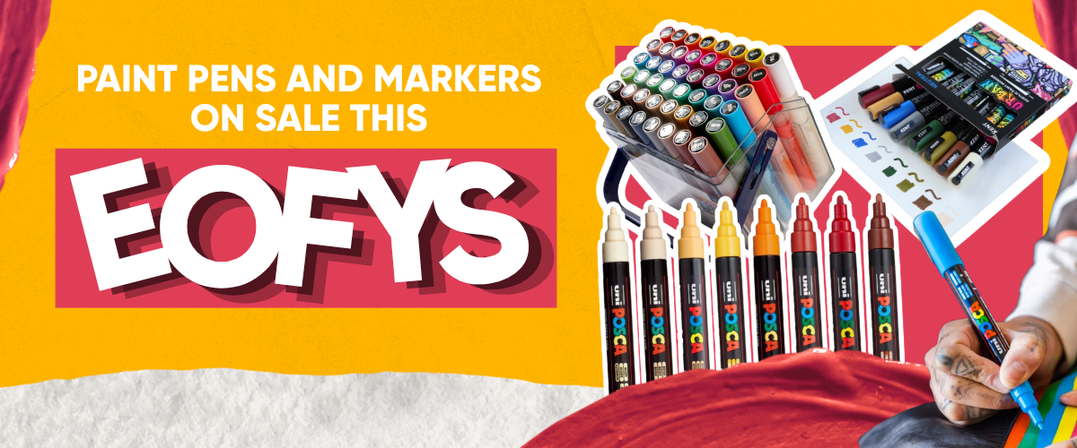 Paint pen and marker sale banner featuring Posca paint pens, Kent Urban acrylic markers and Mont Marte paint pens