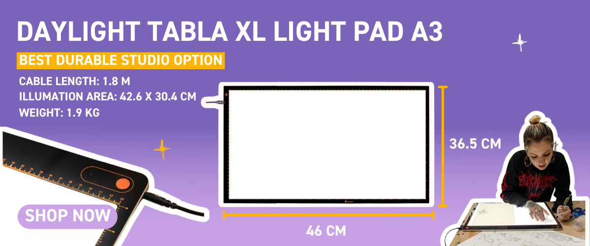 Product banner for the Daylight Tabla XL Light Pad A3, displaying the pad with dimensions 46 x 36.5 cm, specs including 1.8 m cable, 42.6 x 30.4 cm illumination area, and 1.9 kg weight, with an artist sketching in the corner and a Shop Now button.