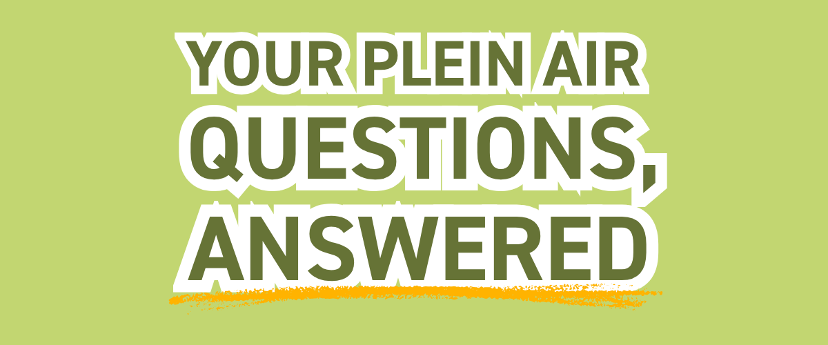 Plein air painting FAQ section banner over a green meadow with poppies and rolling hills
