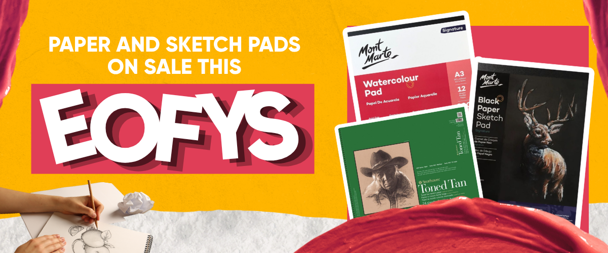 Paper and sketch pad sale banner featuring Strathmore sketchbooks, Mont Marte pads and artist drawing paper