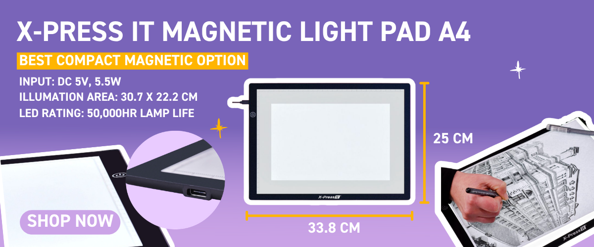 Product banner for the X-Press It Magnetic Light Pad A4, showing the pad with dimensions 33.8 x 25 cm, specs including DC 5V 5.5W input, 30.7 x 22.2 cm illumination area, and 50,000-hour LED lamp life, with a close-up of the USB port and a hand drawing architecture on a light pad, plus a Shop Now button.