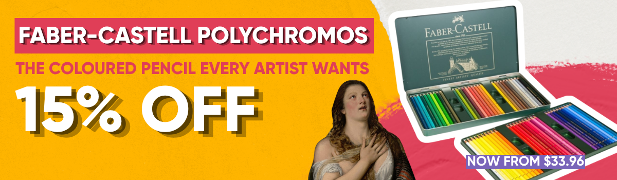 Faber-Castell Polychromos sale banner featuring professional coloured pencil tins and open stock pencils