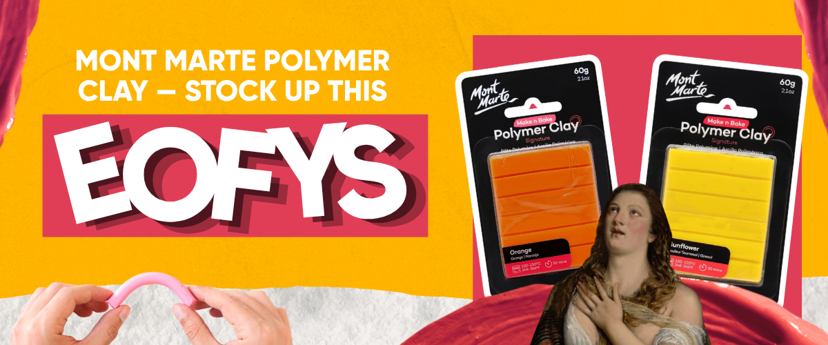 Mont Marte polymer clay sale banner featuring Make N Bake clay, 60g colours, 400g blocks and clay kits