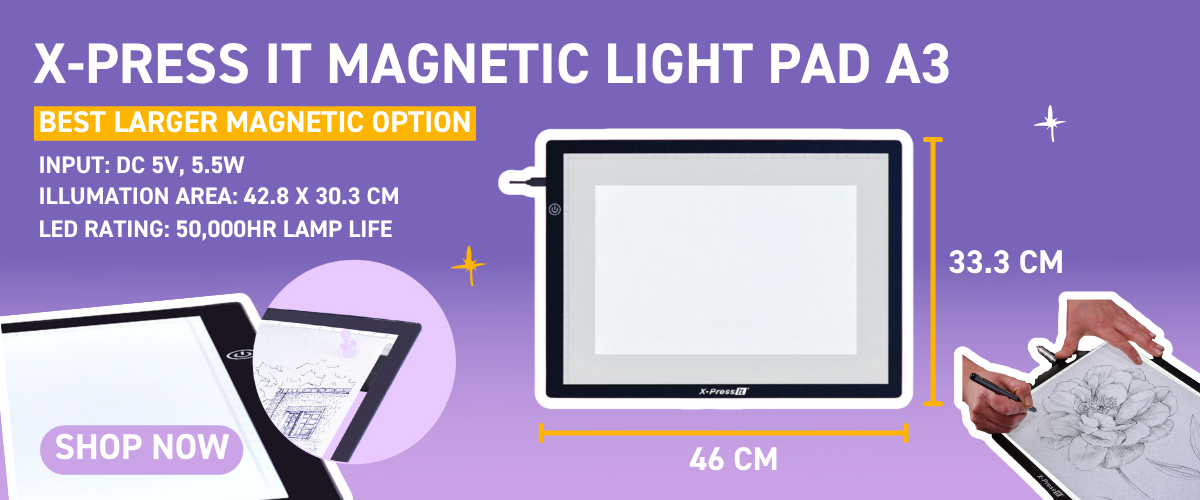 Product banner for the X-Press It Magnetic Light Pad A3, showing the pad with dimensions 46 x 33.3 cm, specs including DC 5V 5.5W input, 42.8 x 30.3 cm illumination area, and 50,000-hour LED lamp life, with a hand sketching a floral illustration on a light pad and a Shop Now button.
