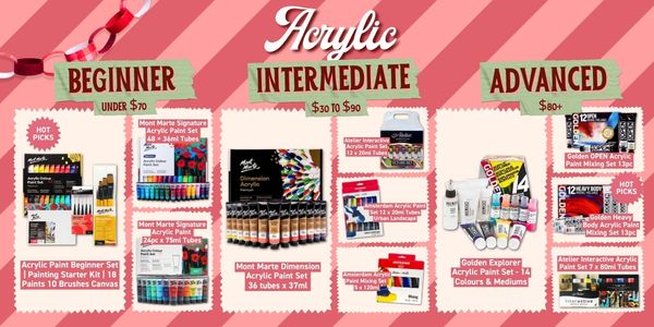 Acrylic paint gifts for painters, from beginner starter kits to Mont Marte Dimension and Golden artist acrylic sets