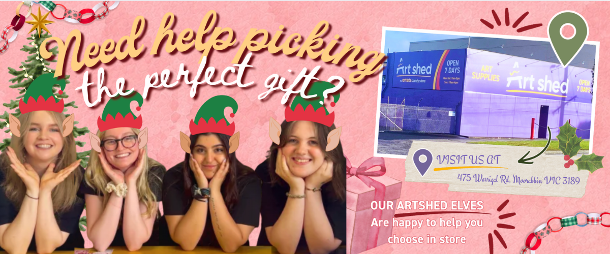 Art Shed team in elf hats, ready to help you choose a Christmas gift at our Moorabbin art supply store, 475 Warrigal Road