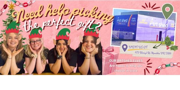 Art Shed team in elf hats, ready to help you choose a gift for a painter at our Moorabbin art supply store, 475 Warrigal Road