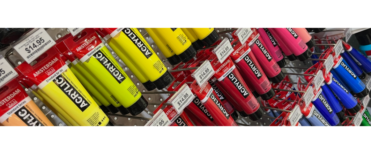 Close-up of colourful artist paints from Art Shed art supplies range