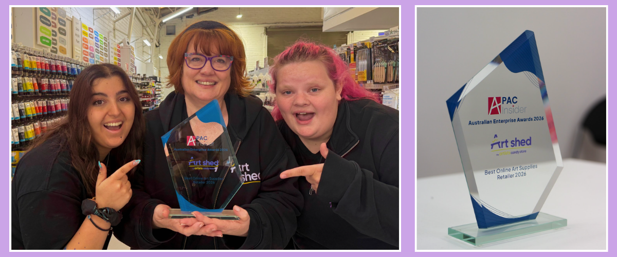 Art Shed team holding award with close-up of Best Online Art Supplies Retailer Australia 2026 award