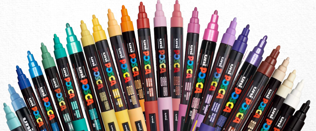 "Full Posca PC-5M colour spectrum – acrylic paint markers in pastel, primary, earthy and fluorescent shades