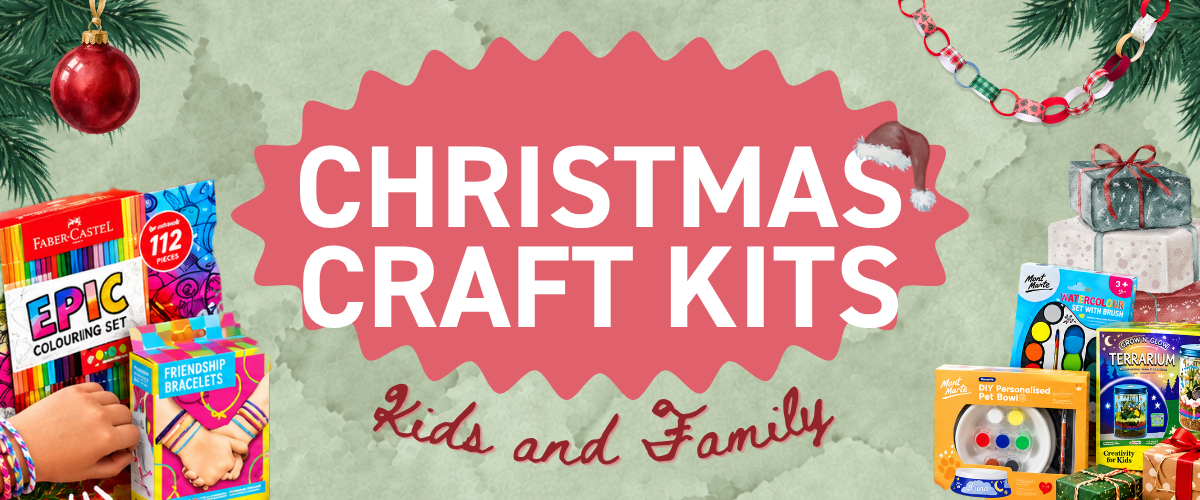 Christmas craft kits for kids at Art Shed, featuring Faber-Castell colouring sets, friendship bracelets, a terrarium kit and a DIY pet bowl