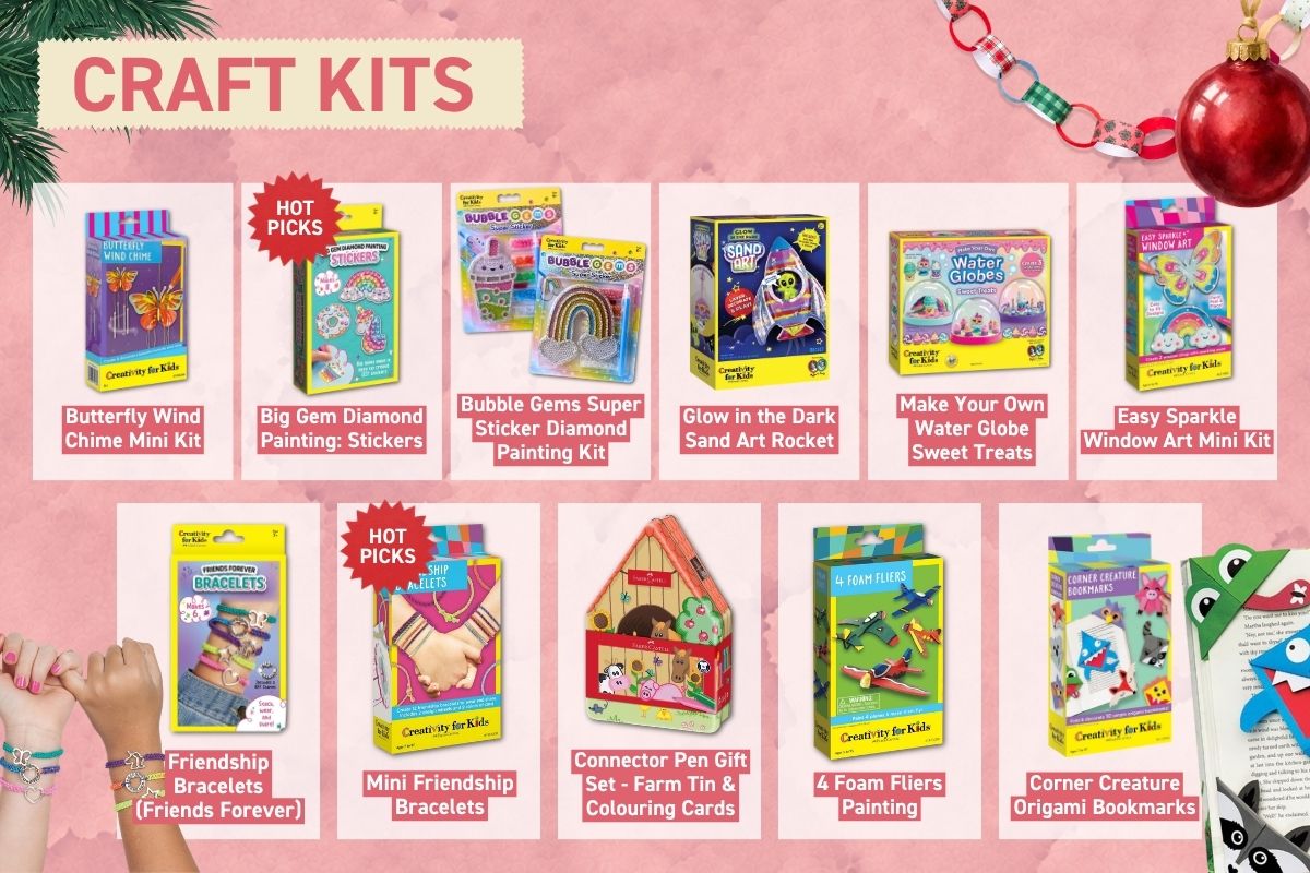 Christmas craft kits for kids from Creativity for Kids, including diamond painting stickers, friendship bracelets, sand art and foam fliers