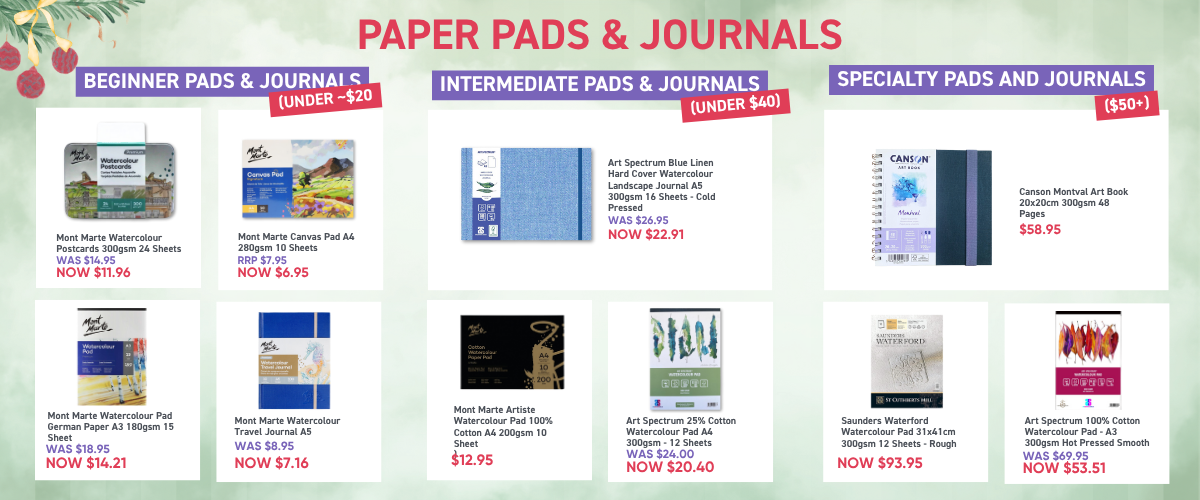 Watercolour paper pads and sketchbooks, including cotton and cold-pressed options from Art Spectrum and Saunders Waterford.