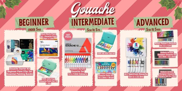 Gouache gifts for painters, including a gouache starter kit, HIMI jelly gouache, Holbein Acrylic Gouache and Art Spectrum gouache