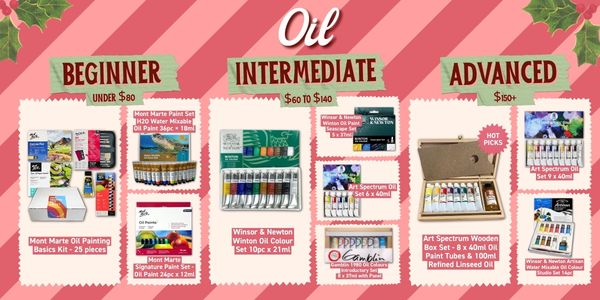 Oil painting gifts, including the Art Shed Oil Painting Basics Kit, Winsor and Newton Winton oils and an Art Spectrum wooden box set