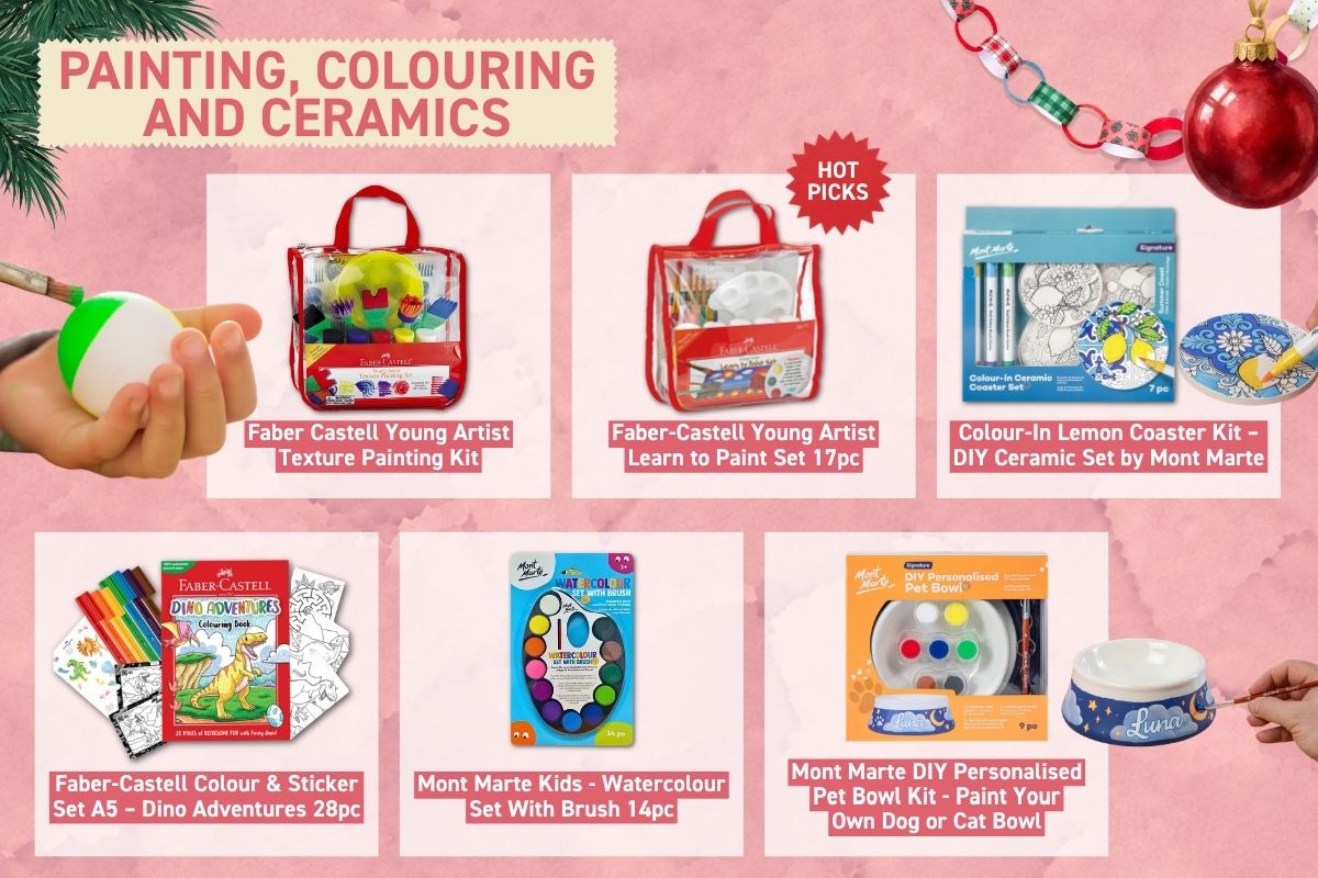 Painting and colouring gifts for artistic kids, including Faber-Castell Young Artist paint sets, colour-in ceramic coasters and a DIY pet bowl