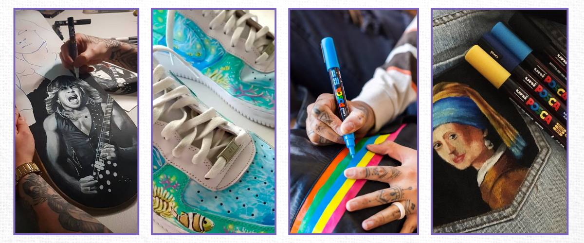 Creative Posca paint pen projects on sneakers, denim, skateboards and leather jackets – custom art inspiration