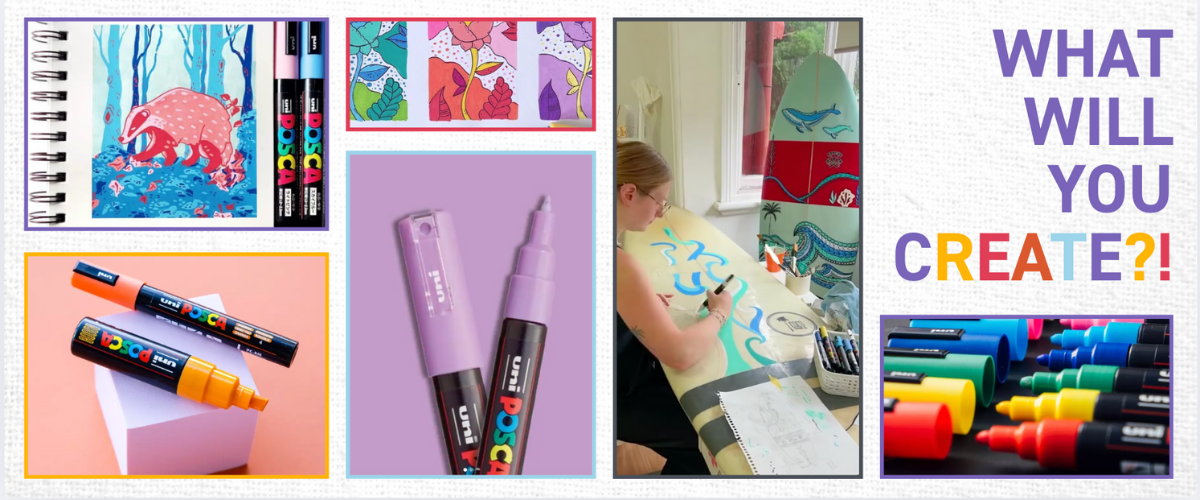 Posca paint pens used on sketchbooks, canvas, surfboards and journals – versatile acrylic markers for all surfaces