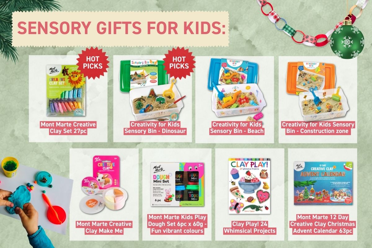 Sensory gifts for kids, including Creativity for Kids sensory bins, Mont Marte Creative Clay, play dough and a clay Christmas advent calendar