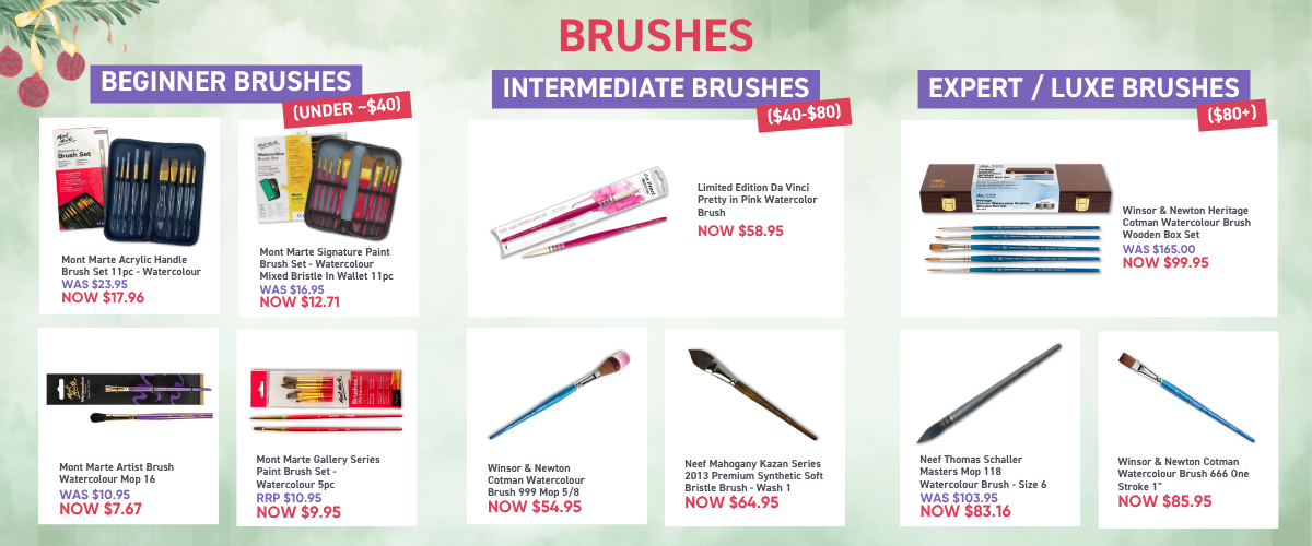 Close-up of premium watercolour brushes for beginners and artists, available at Art Shed online in Australia.