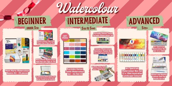 Watercolour gifts for painters, including the Art Shed Watercolour Basics Kit, Kuretake Gansai Tambi and Art Spectrum Australian Landscape colours