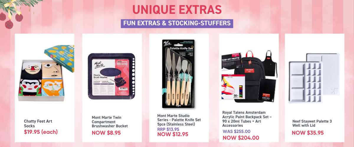 Creative acrylic painting accessories such as palette knives, brush washers, stay-wet palettes, and giftable extras displayed for the Art Shed Christmas Gift Guide