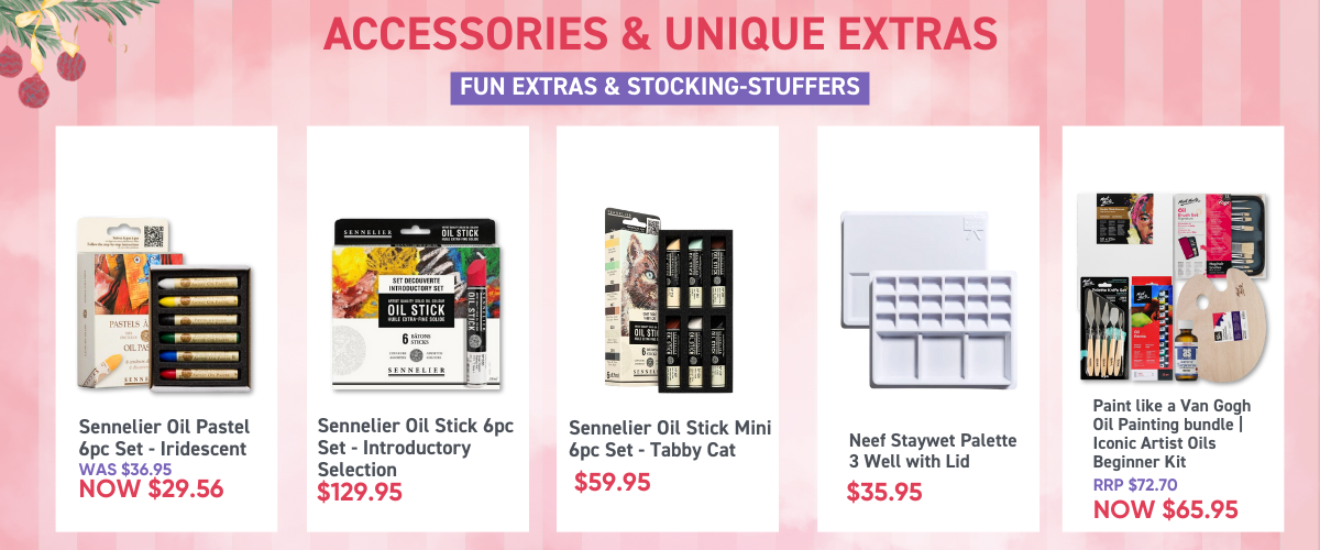 Oil painting accessories banner with palettes, mediums and unique artist gifts.