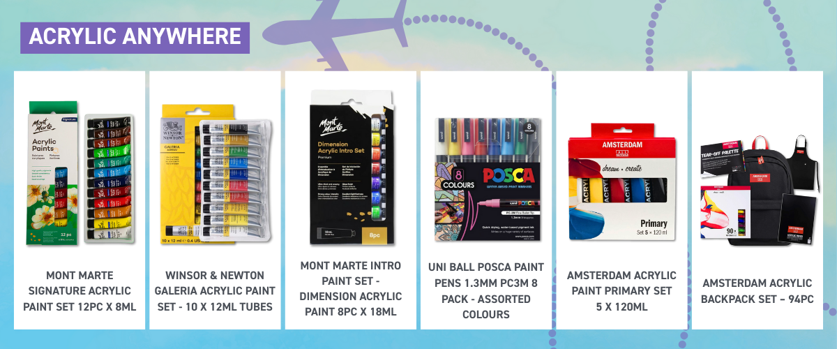 Portable acrylic paints, paint pens and travel-friendly acrylic art supplies for creative work on the go.