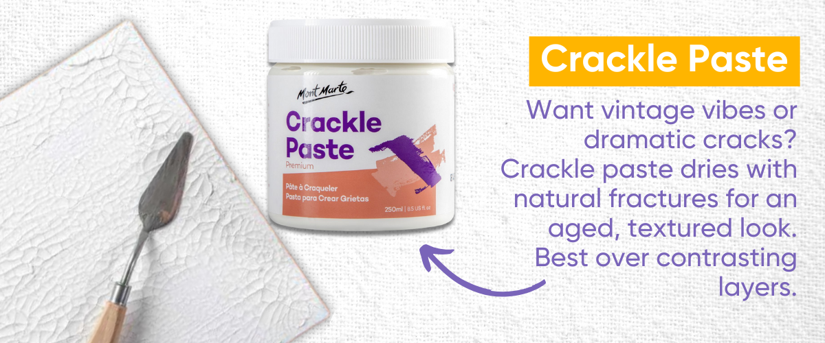 Crackle paste medium creating aged, weathered cracks and distressed texture on acrylic artwork