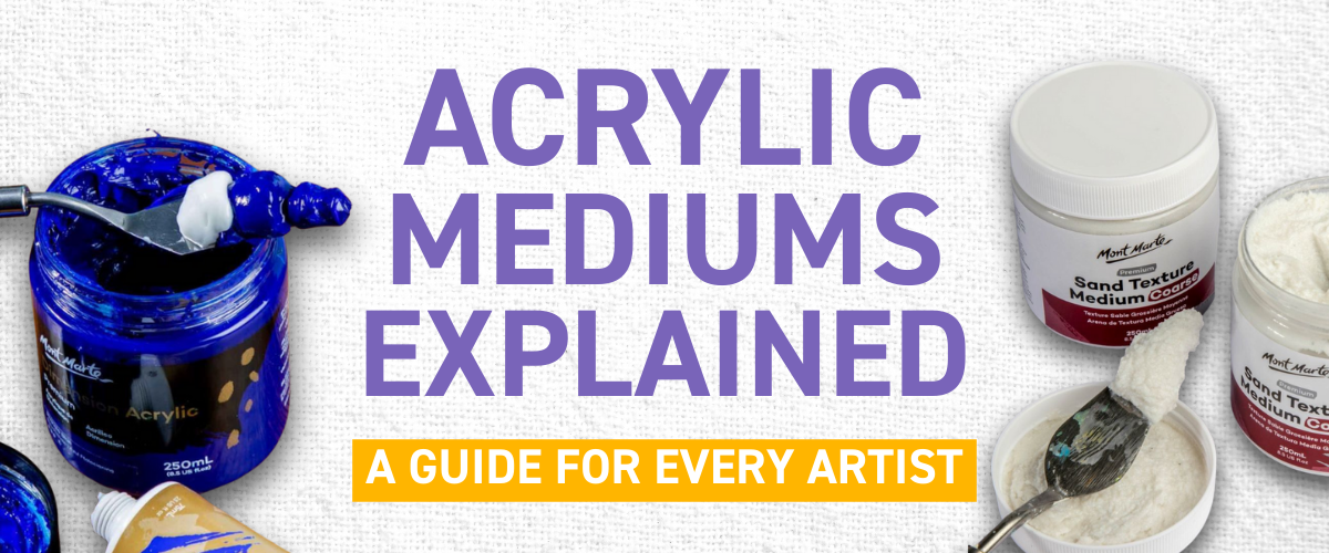 Acrylic Mediums Explained blog header banner showing paint tubes and jars, educational guide for artists on using acrylic mediums