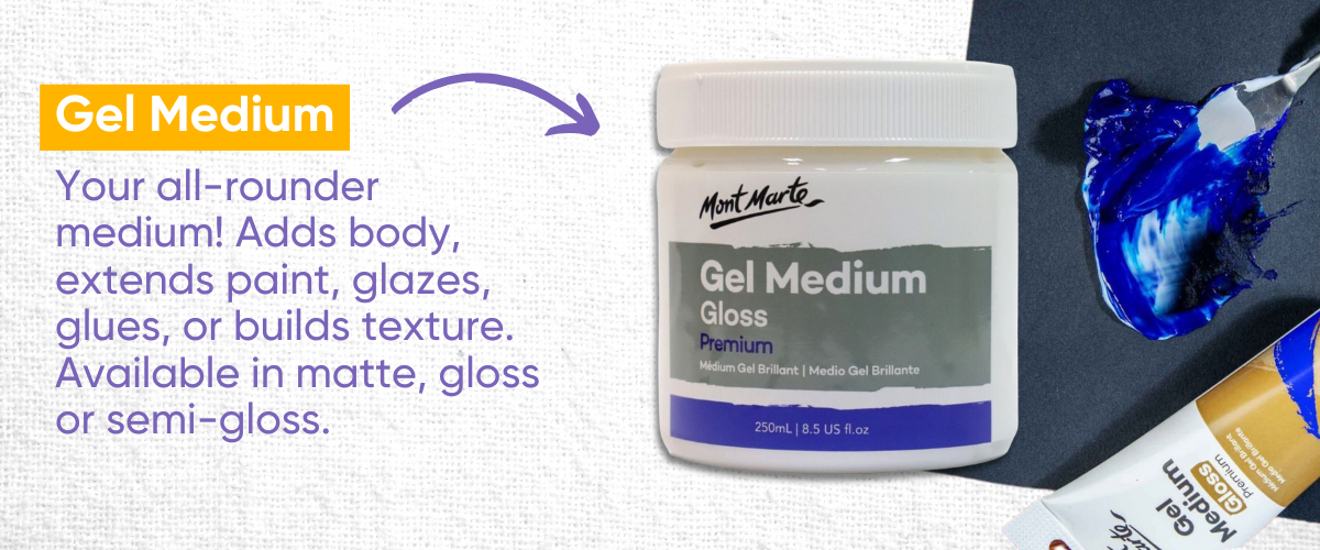 Gel medium for acrylics showing gloss, matte and semi-gloss finishes, used for glazing, collage and texture