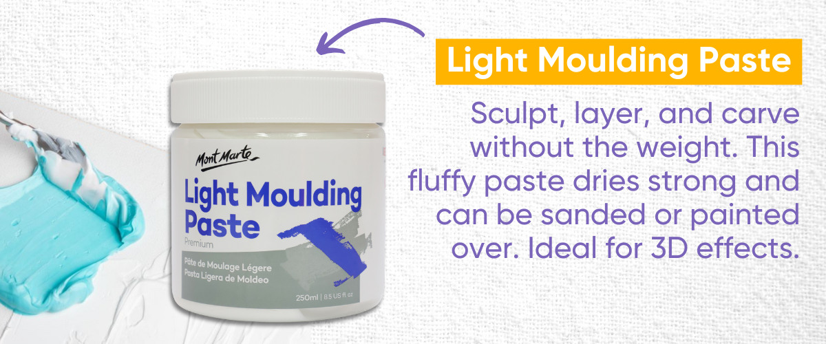 Light moulding paste for building 3D sculptural effects in acrylic painting without adding weight
