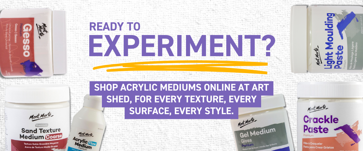 Shop acrylic mediums at Art Shed including gesso, crackle paste, sand texture, moulding paste, gel medium and flow medium