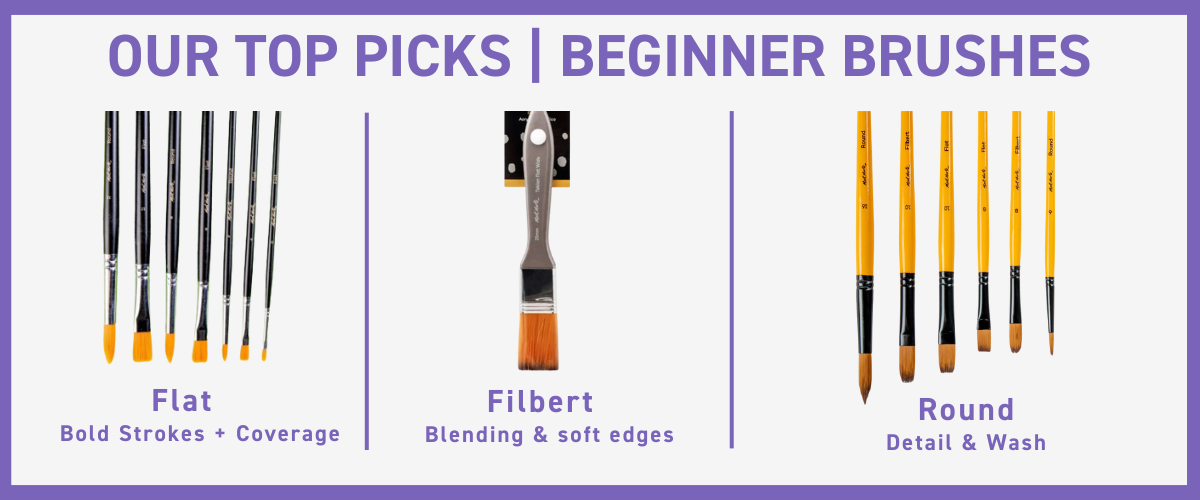 Set of beginner acrylic brushes including flat round and filbert, demonstrating tool variety for texture and detail
