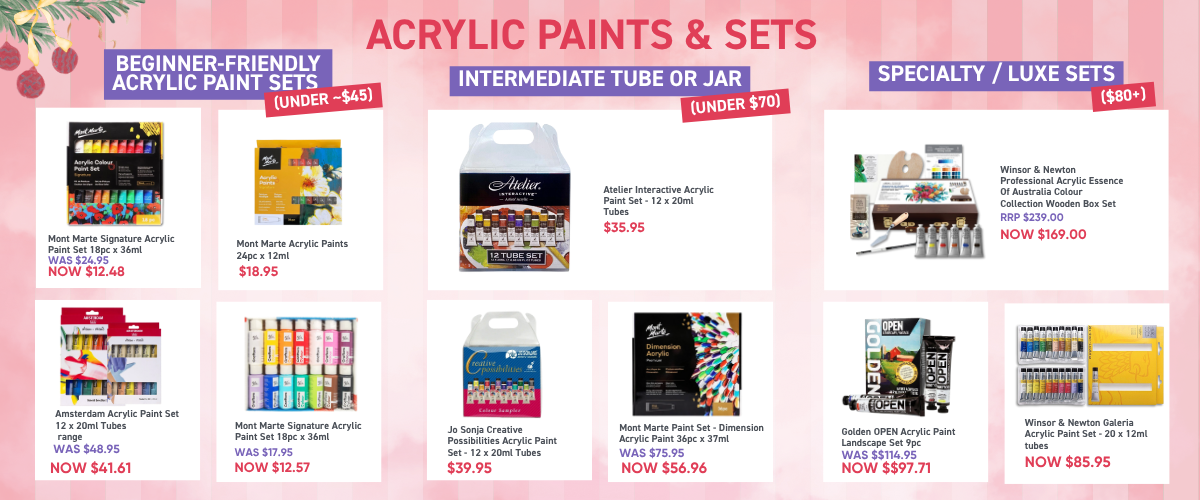 Acrylic paint tubes and vibrant colour swatches arranged together, highlighting beginner, intermediate, and professional paint sets from the Christmas Gift Guide