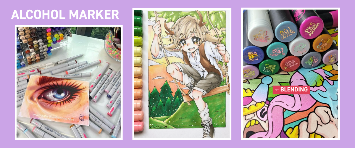 Alcohol marker artwork examples using Copic and Chameleon markers showing smooth blending and gradients