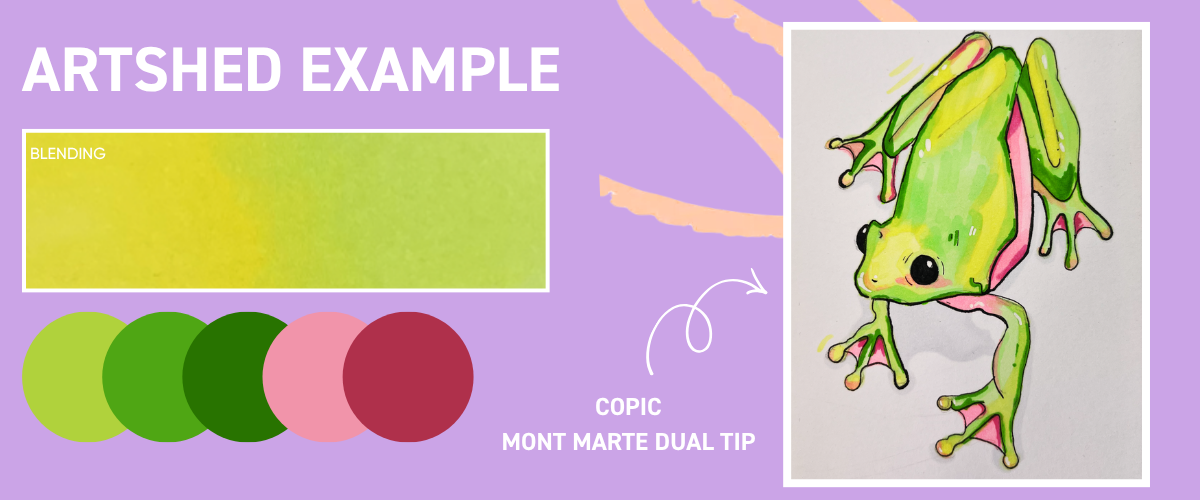 Alcohol marker blending example by Art Shed showing smooth colour transitions and gradient shading