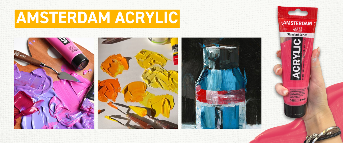 Amsterdam Acrylic tubes stacked with painted charts and colour swatches, representing budget-friendly European quality in a wide colour range.