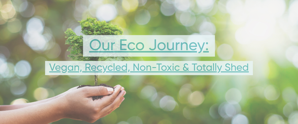 Art Shed eco journey banner highlighting vegan, recycled, non-toxic art supplies with green nature background