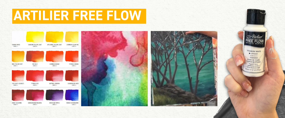 Mont Marte Free Flow Acrylic paint bottles with smooth washes and fine linework on paper, ideal for fluid techniques, glazing, and detail work in contemporary acrylic art.