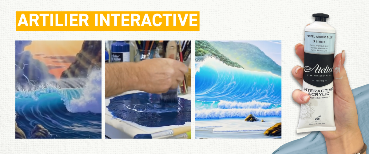 Atelier Interactive paint tubes and blending demo on canvas, illustrating re-wettable properties and advanced colour mixing for professional artists.