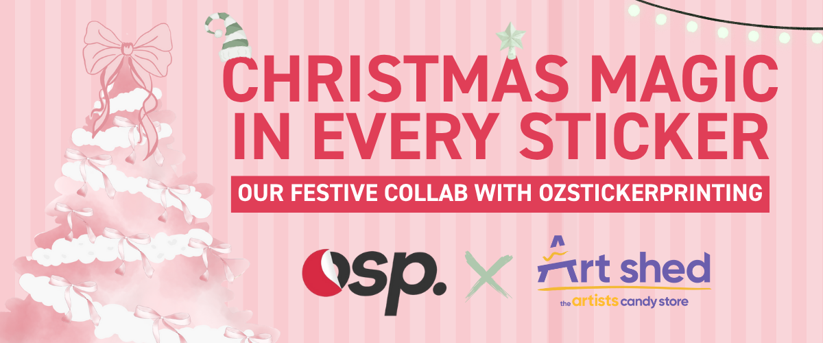 Art Shed x OzStickerPrinting Christmas collaboration header with pink festive background, Christmas tree illustration, and both brand logos