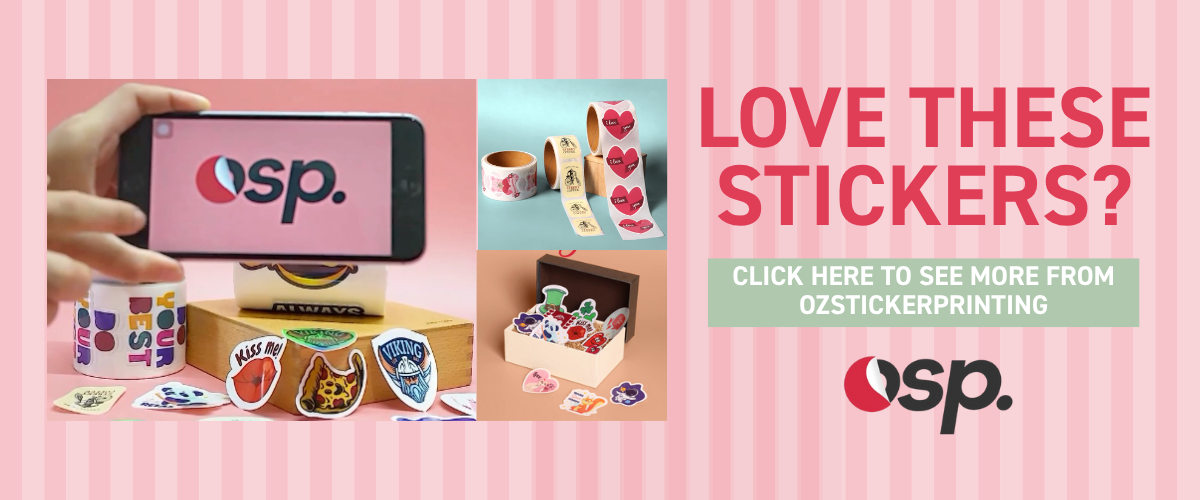 Promotional banner linking to OzStickerPrinting’s website featuring examples of their custom sticker printing and product photography