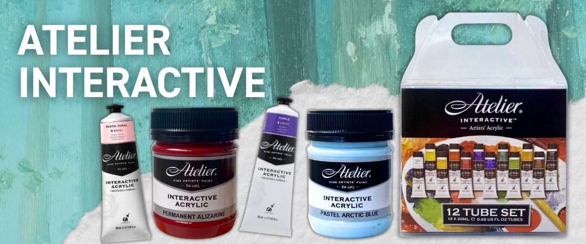 Atelier Interactive acrylic paint tubes, jars and a 12-tube set displayed on a teal background
