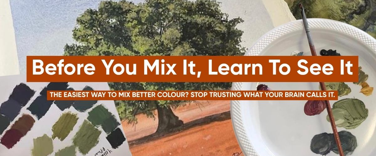Watercolour gum tree painting with mixed green paint swatches and palette, Before You Mix It Learn To See It