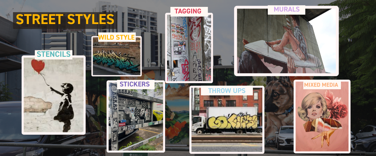 Examples of modern street art styles including lettering, stencils, murals and mixed media techniques