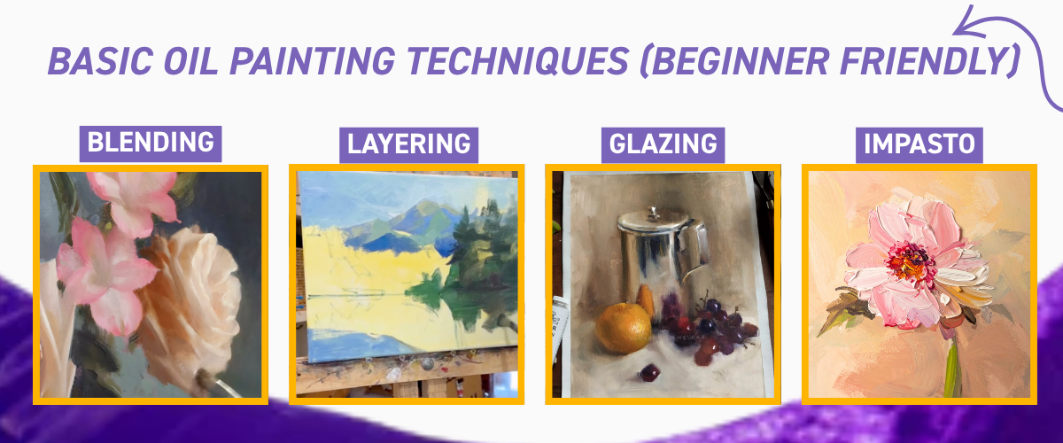 Oil painting techniques including blending, layering, glazing and impasto demonstrated for beginner artists
